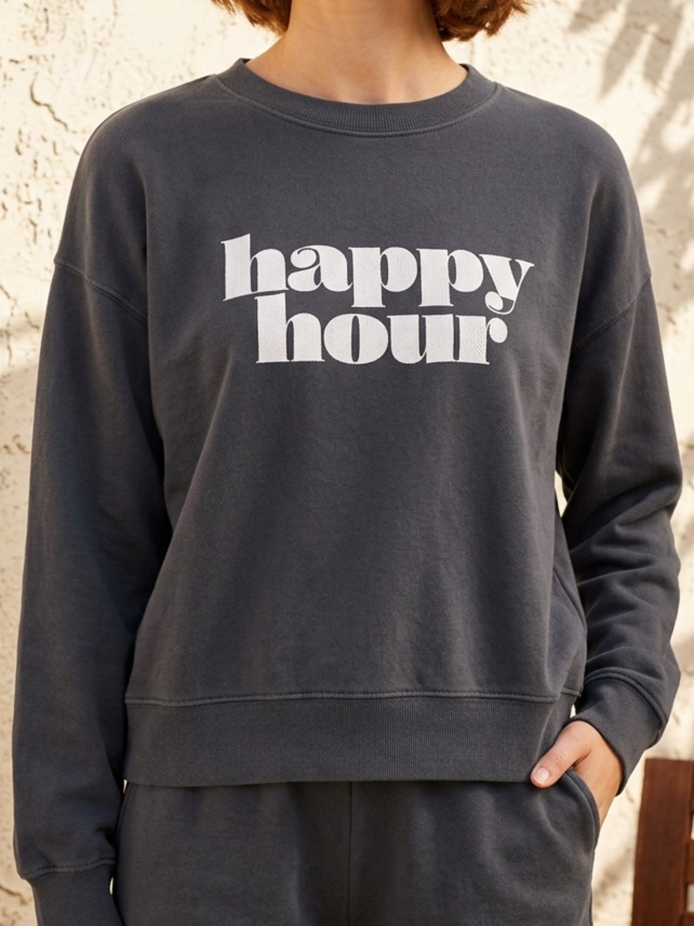Old Navy Cropped Charcoal 'happy hour' Graphic Crewneck Sweatshirt